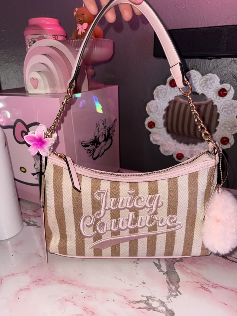 Juicy Couture Pink & Tan Striped Shoulder Bag